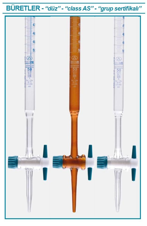 İSOLAB 017.02.010 büret - düz - şeffaf - PTFE musluklu - AS kalite - grup sertifikalı - mavi skala - 10 ml (1 adet)