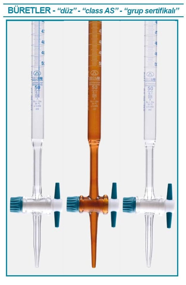 İSOLAB 017.01.050 büret - düz - şeffaf - PTFE musluklu - AS kalite - grup sertifikalı - şelbah çizgili - mavi skala - 50 ml (1 adet)