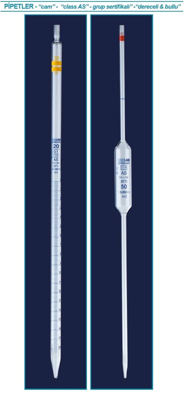 İSOLAB 021.01.050 pipet - cam - dereceli - AS kalite - grup sertifikalı - mavi skala - 50 ml (10 adet)