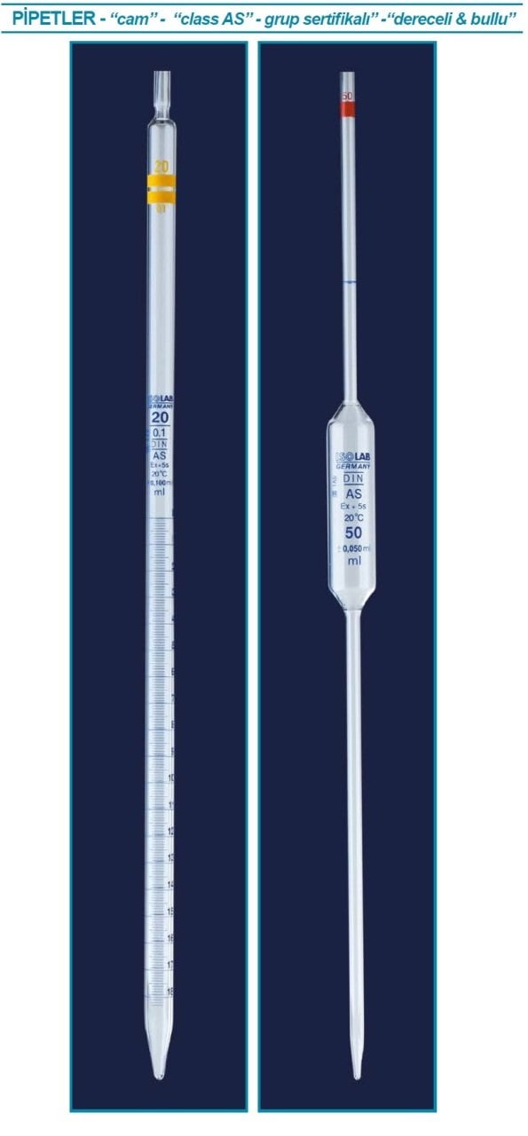 İSOLAB 021.05.004 pipet - cam - bullu - AS kalite - grup sertifikalı - mavi skala - 4 ml (10 adet)