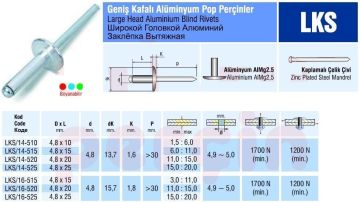 Alüminyum Pop Perçin Geniş Kafa 14 mm şapka 4.8x15 mm