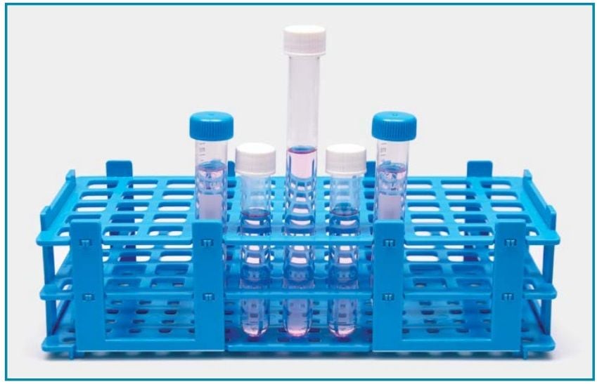 İSOLAB 079.01.006R tüp standı - demonte - P.P - 21 delik - 30 mm tüpler için - kırmızı (1 adet)