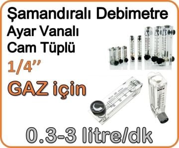 Cam Tüplü Ayar Vanalı Şamandıralı Gaz Flowmetre Debi Ölçer 0.3-3 lt/dakika