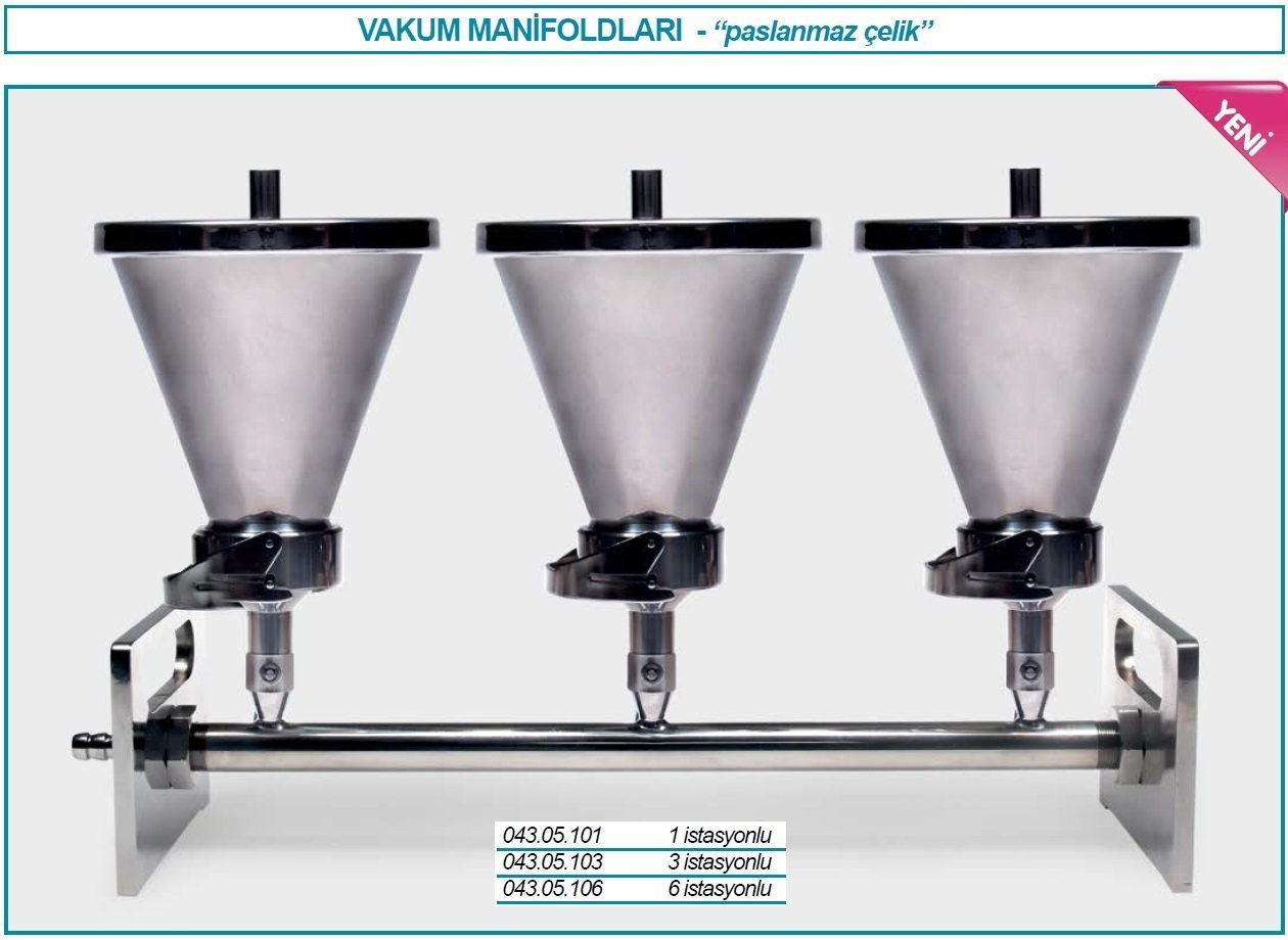 İSOLAB 043.05.106 vakum manifold düzeneği - paslanmaz çelik - 6 gözlü (1 adet)