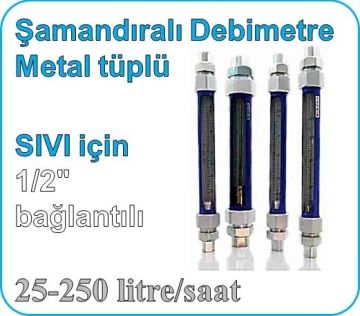 Metal Tüplü Şamandıralı Cam Sıvı Flowmetre Debi Ölçer 25-250 lt/saat (1/2'' bağlantılı)