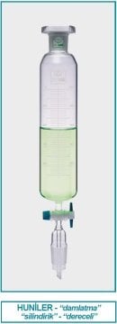 İSOLAB 032.02.100 damlatma hunisi - cam - silindirik - dereceli - PTFE musluklu - 100 ml (1 adet)