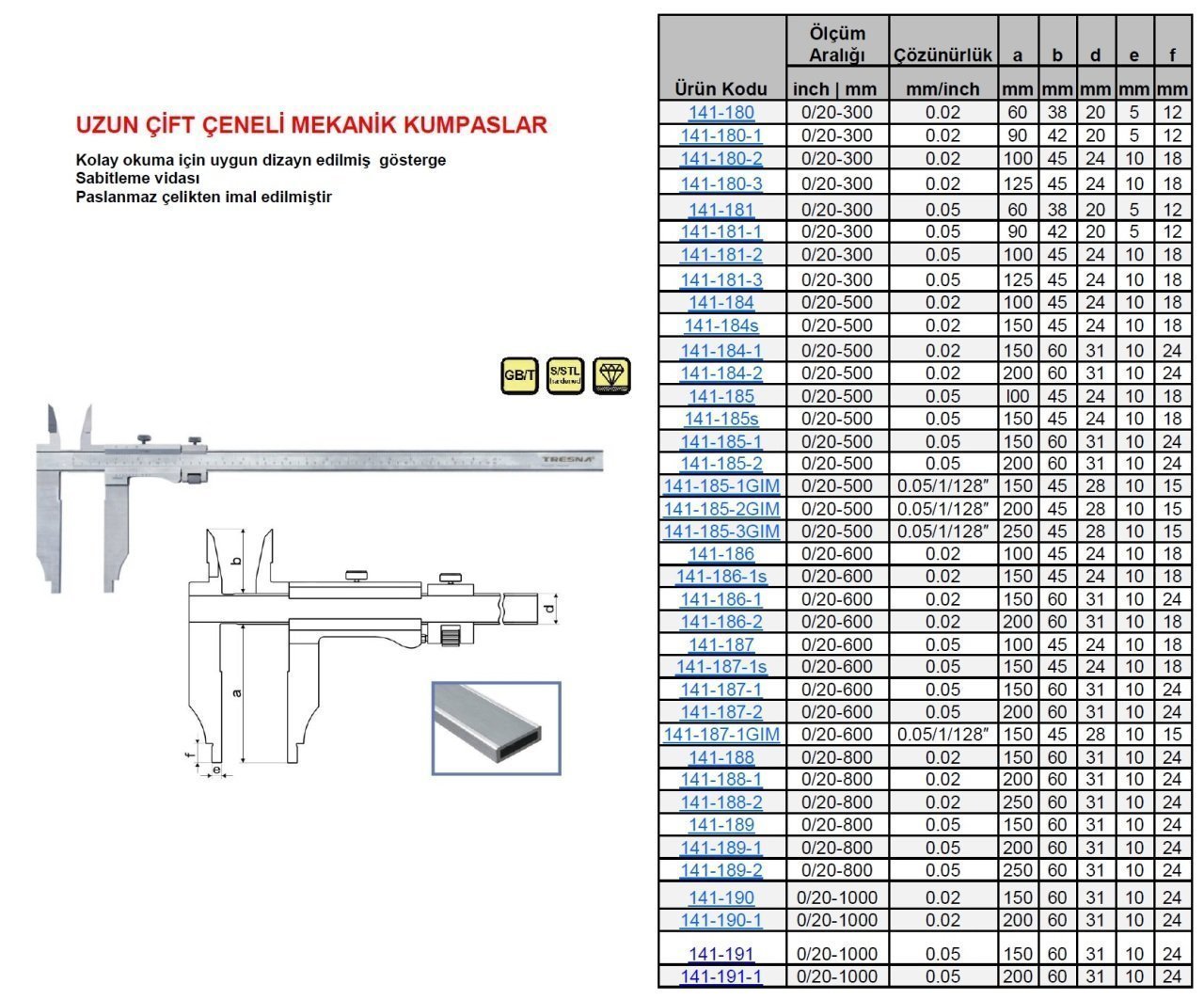 Uzun Çift Çene Mekanik Kumpas 20in500/200/0.05mm