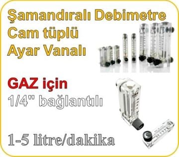 Cam Tüplü Ayar Vanalı Şamandıralı Gaz Flowmetre Debi Ölçer 1-5 lt/dakika (1/4'' bağlantılı)