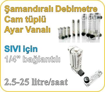 Cam Tüplü Ayar Vanalı Şamandıralı Sıvı Flowmetre Debi Ölçer 2.5-25 lt/saat (1/4'' bağlantılı)