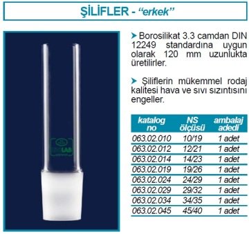 İSOLAB 063.02.019 erkek şilif - 120 mm - NS 19/26 (1 adet)