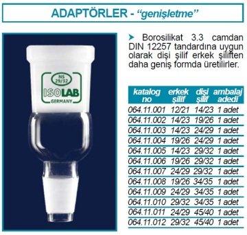 İSOLAB 064.11.008 adaptör - genişletme amaçlı - dişi şilif : NS34/35 - erkek şilif : NS19/26 (1 adet)