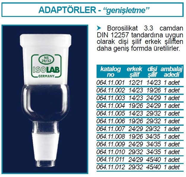 İSOLAB 064.11.012 adaptör - genişletme amaçlı - dişi şilif : NS45/40 - erkek şilif : NS29/32 (1 adet)