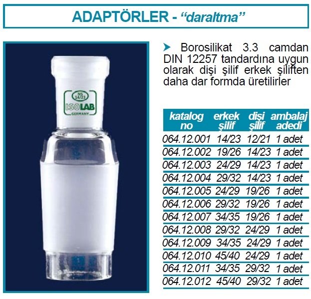 İSOLAB 064.12.012 adaptör - daraltma amaçlı - dişi şilif : NS29/32 - erkek şilif : NS45/40 (1 adet)