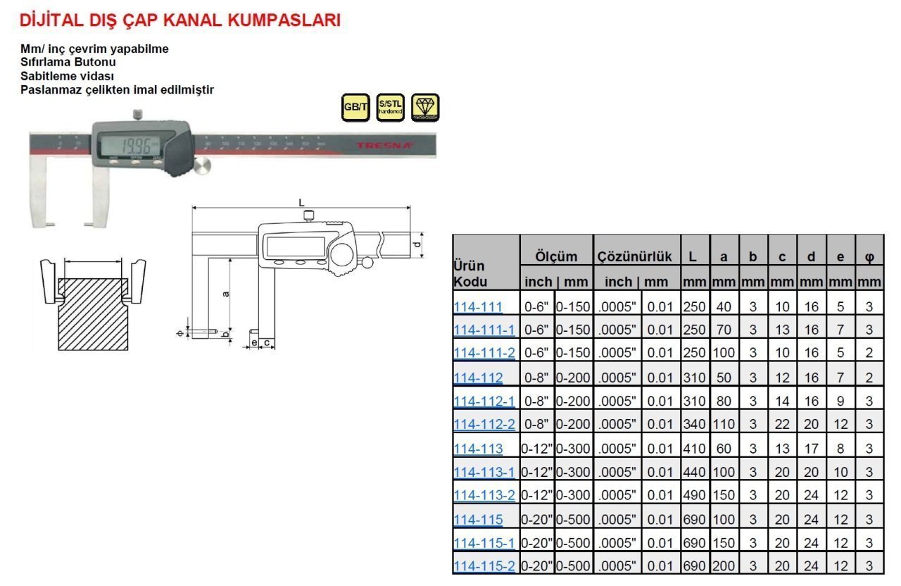 Dijital Dış Çap Kanal Kumpas 500/100mm