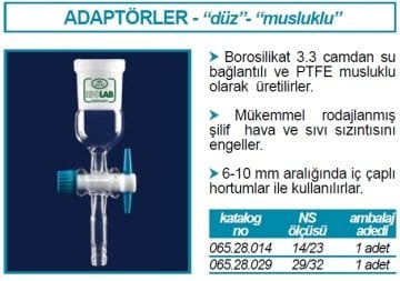 İSOLAB 065.28.014 adaptör - düz - musluklu - çap 8 mm - dişi şilif : NS 14/23 (1 adet)