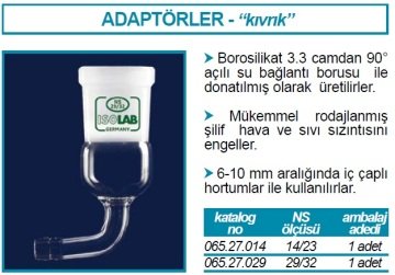 İSOLAB 065.27.014 adaptör - eğimli - musluksuz - çap 8 mm - dişi şilif : NS 14/23 (1 adet)