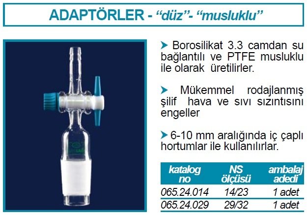 İSOLAB 065.24.014 adaptör - düz - musluklu - çap 8 mm - erkek şilif : NS 14/23 (1 adet)