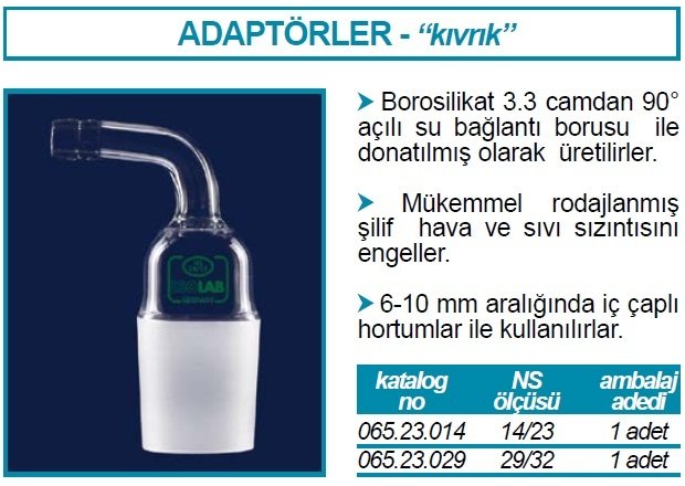 İSOLAB 065.23.014 adaptör - nozül - eğimli - musluksuz - çap 8 mm - erkek şilif : NS 14/23 (1 adet)