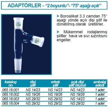 İSOLAB 065.18.001 adaptör - çoklu - 2 boyunlu - aşağı açılı - dişi şilif & erkek şilif : NS 14/23 - aşağı açılı dişi şilif : NS 14/23 (1 adet)