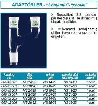İSOLAB 065.43.004 adaptör - çoklu - 2 boyunlu - paralel - dişi şilif : NS 24/29 - erkek şilif : NS 24/29 - paralel dişi şilif : NS 24/29 (1 adet)