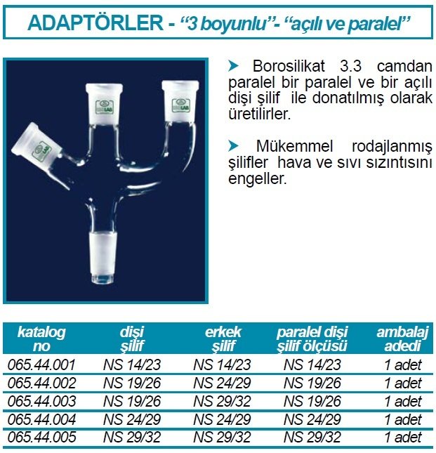 İSOLAB 065.44.002 adaptör - 3 boyunlu - açılı ve paralel - dişi şilif : NS 19/26 - erkek şilif : NS 19/26 - açılı ve paralel dişi şilif : NS 19/26 (1 adet)