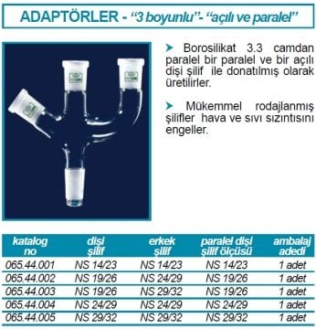 İSOLAB 065.44.003 adaptör - 3 boyunlu - açılı ve paralel - dişi şilif : NS 24/29 - erkek şilif : NS 19/26 - açılı ve paralel dişi şilif : NS 19/26 (1 adet)