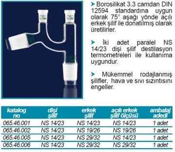 İSOLAB 065.46.001 adaptör - distilasyon - Claisen başlıklı - dişi şilif(ler) : NS 14/23 - erkek şilif : NS 14/23 - açılı erkek şilif : NS 14/23 (1 adet)