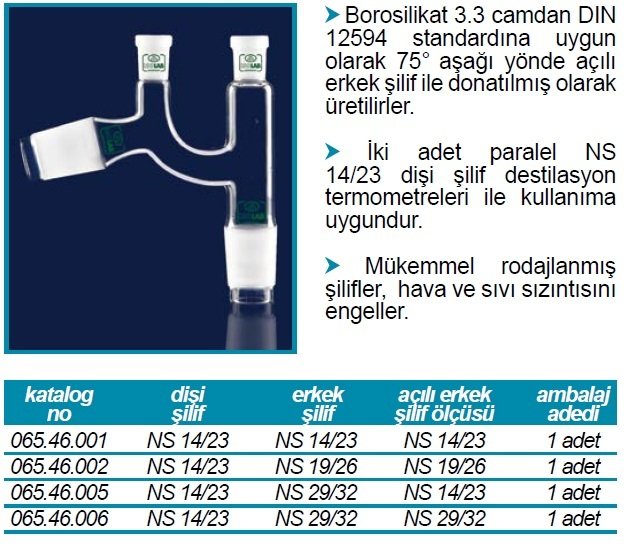 İSOLAB 065.46.006 adaptör - distilasyon - Claisen başlıklı - dişi şilif(ler) : NS 14/23 - erkek şilif : NS 29/32 - açılı erkek şilif : NS 29/32 (1 adet)