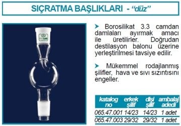 İSOLAB 065.47.003 adaptör - sıçratma tutucu - düz - dişi şilif : NS 29/32 - erkek şilif : NS 29/32 (1 adet)