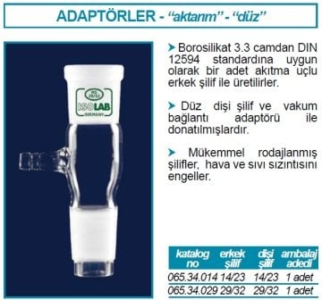 İSOLAB 065.34.014 adaptör - aktarım - düz - dişi şilif : NS14/23 - erkek şilif : NS14/23 (1 adet)