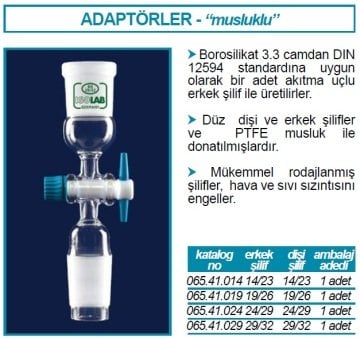 İSOLAB 065.41.029 konnektör - musluklu - dişi şilif : NS 29/32 - erkek şilif : NS 29/32 (1 adet)