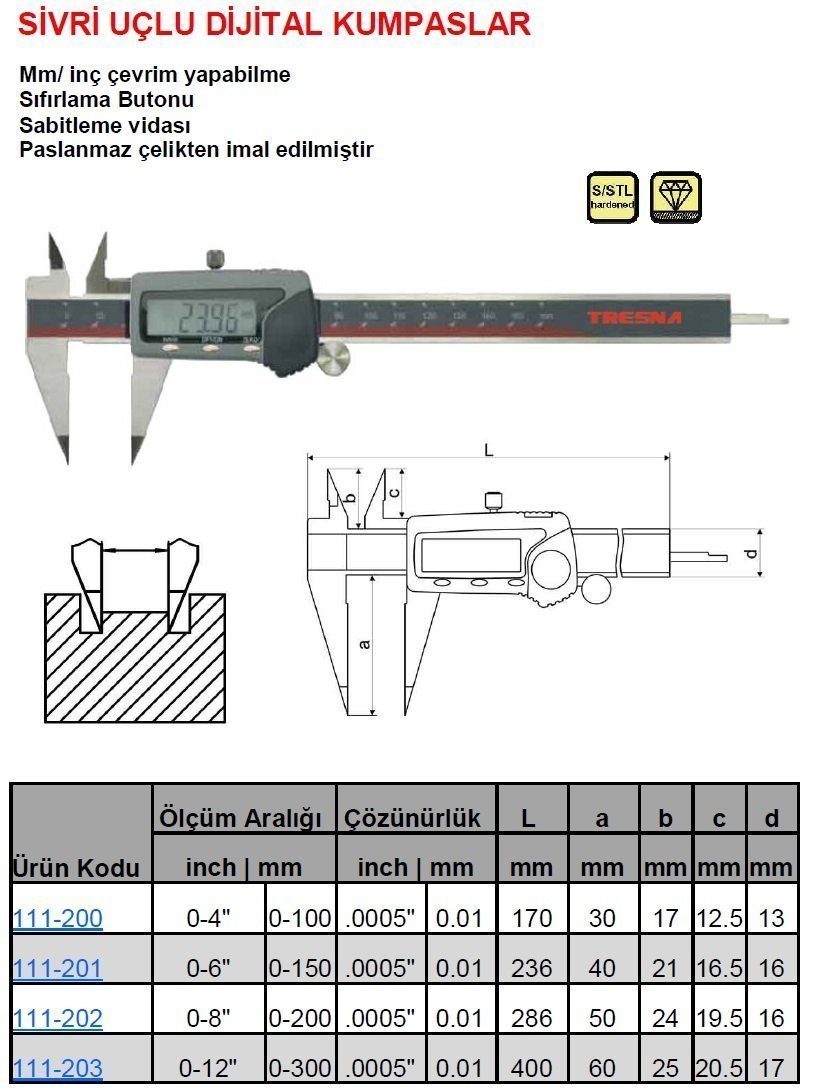 Sivri Uçlu Dijital Kumpas 100mm