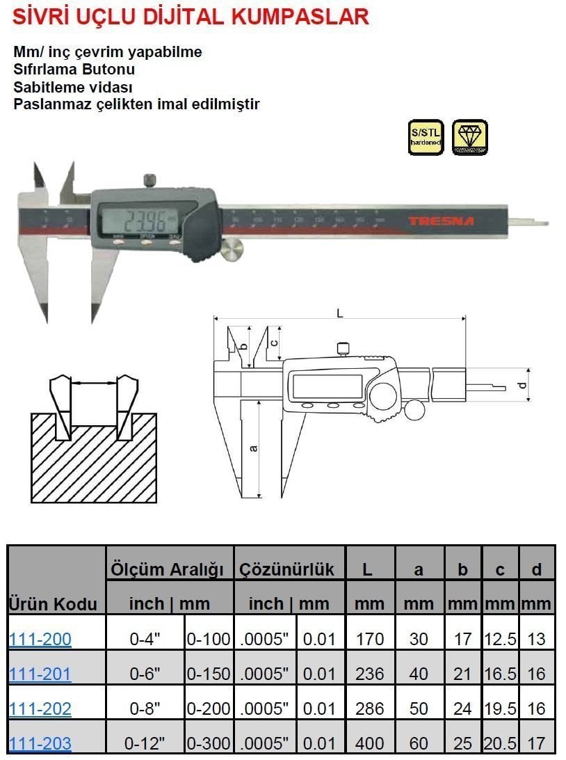 Sivri Uçlu Dijital Kumpas 200mm