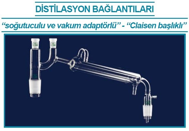 İSOLAB 065.58.002 distilasyon bağlantıları - kondenserli & Claisen başlıklı - vakum adaptörlü - erkek şilif(ler) : NS 14/23 - kondenser uzunluğu 250 mm (1 adet)