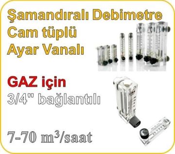 Cam Tüplü Ayar Vanalı Şamandıralı Gaz Rotametre 7-70 m3/h (3/4'' bağlantılı)