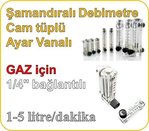 Cam Tüplü Ayar Vanalı Şamandıralı Gaz Rotametre 1-5 lt/dakika (1/4'' bağlantılı)