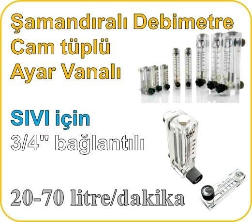 Cam Tüplü Ayar Vanalı Şamandıralı Sıvı Rotametre 20-70 lt/dk (3/4'' bağlantılı)