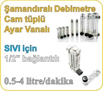 Cam Tüplü Ayar Vanalı Şamandıralı Sıvı Rotametre 0.5-4 lt/dk (1/2'' bağlantılı)