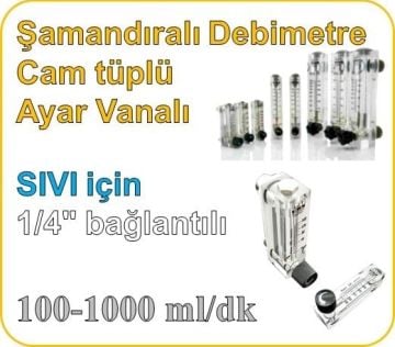 Cam Tüplü Ayar Vanalı Şamandıralı Sıvı Rotametre 100-1000 ml/dk (1/4'' bağlantılı)