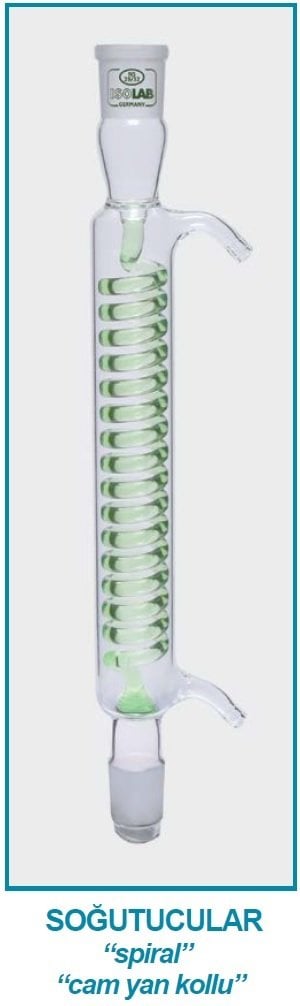 İSOLAB 033.15.253 soğutucu - spiralli - 250 mm - dişi şilif : NS 29/32 - erkek şilif : NS 29/32 - cam yan kol (1 adet)