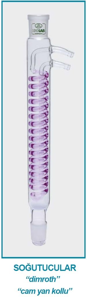 İSOLAB 033.17.253 soğutucu - dimroth - 250 mm - dişi şilif : NS 29/32 - erkek şilif : NS 29/32 - cam yan kol (1 adet)