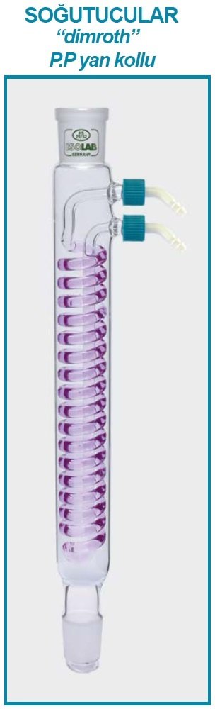 İSOLAB 033.18.253 soğutucu - dimroth - 250 mm - dişi şilif : NS 29/32 - erkek şilif : NS 29/32 - P.P yan kol (1 adet)