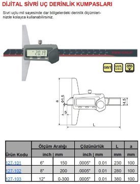 Sivri Uçlu Dijital Derinlik Kumpası 150mm