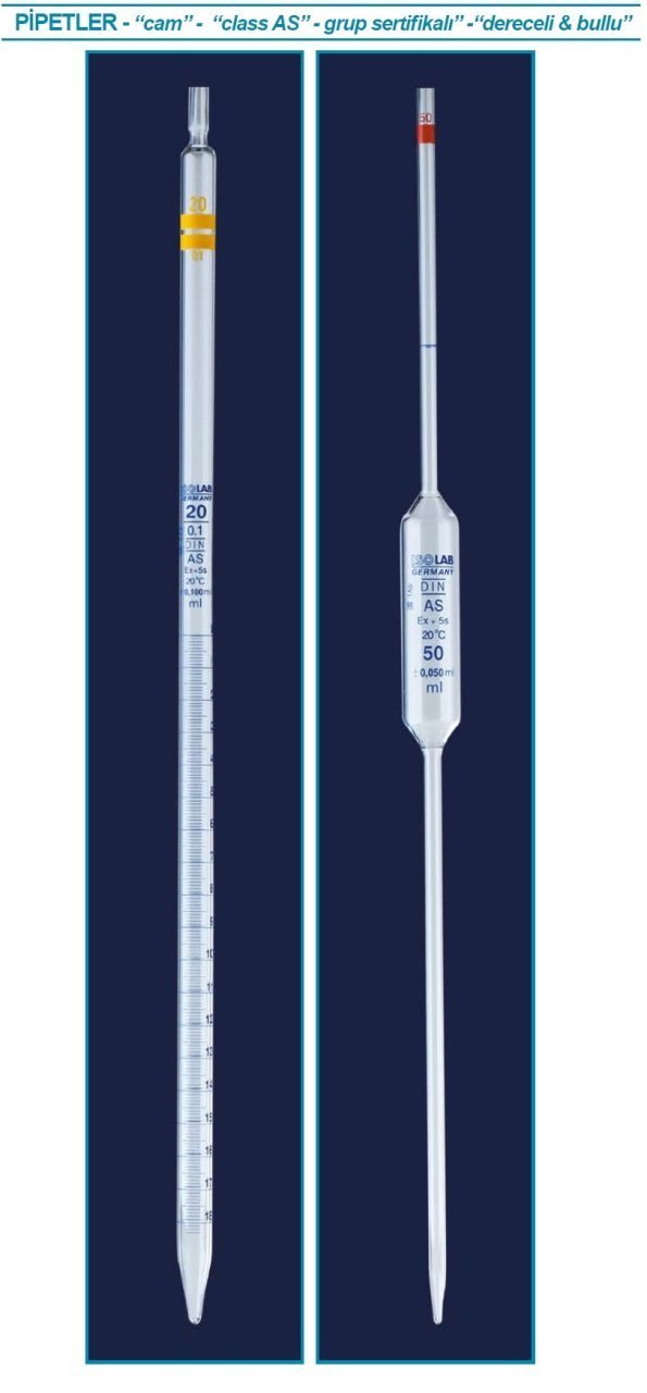 İSOLAB 021.05.001 pipet - cam - bullu - AS kalite - grup sertifikalı - mavi skala - 1 ml (10 adet)