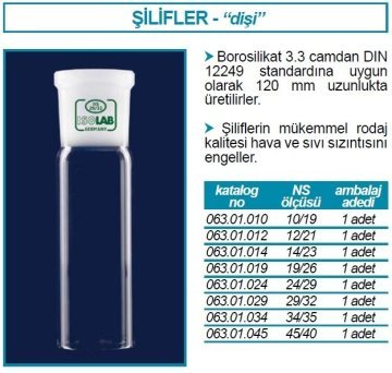 İSOLAB 063.01.012 dişi şilif - 120 mm - NS 12/21 (1 adet)