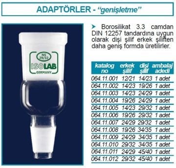 İSOLAB 064.11.002 adaptör - genişletme amaçlı - dişi şilif: NS19/26 -erkek şilif: NS14/23 (1 adet)