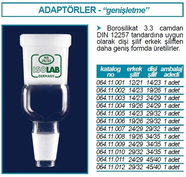 İSOLAB 064.11.003 adaptör - genişletme amaçlı - dişi şilif : NS24/29 -erkek şilif: NS14/23 (1 adet)
