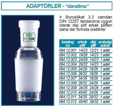 İSOLAB 064.12.003 adaptör - daraltma amaçlı - dişi şilif : NS14/23 - erkek şilif : NS24/29 (1 adet)