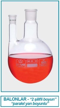 İSOLAB 030.30.250 balon - dibi yuvarlak - 2 boyunlu - paralel yan boyun - merkez boyun : NS 14/23 - yan dişi şilif : NS 14/ 23 - 250 ml (1 adet)