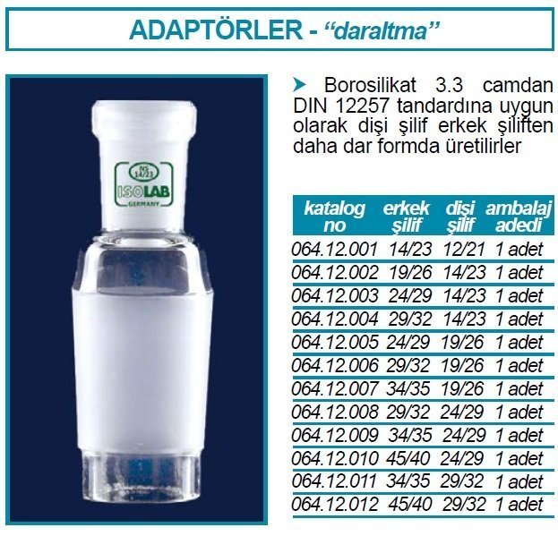 İSOLAB 064.12.006 adaptör - daraltma amaçlı - dişi şilif : NS19/26 - erkek şilif : NS29/32 (1 adet)